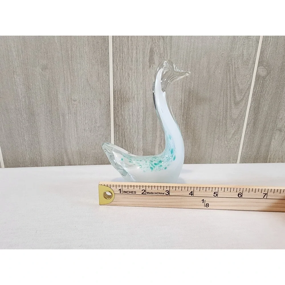 Murano Style Art Glass Swan Figurine White Turquoise Hand Blown Glass Decor
